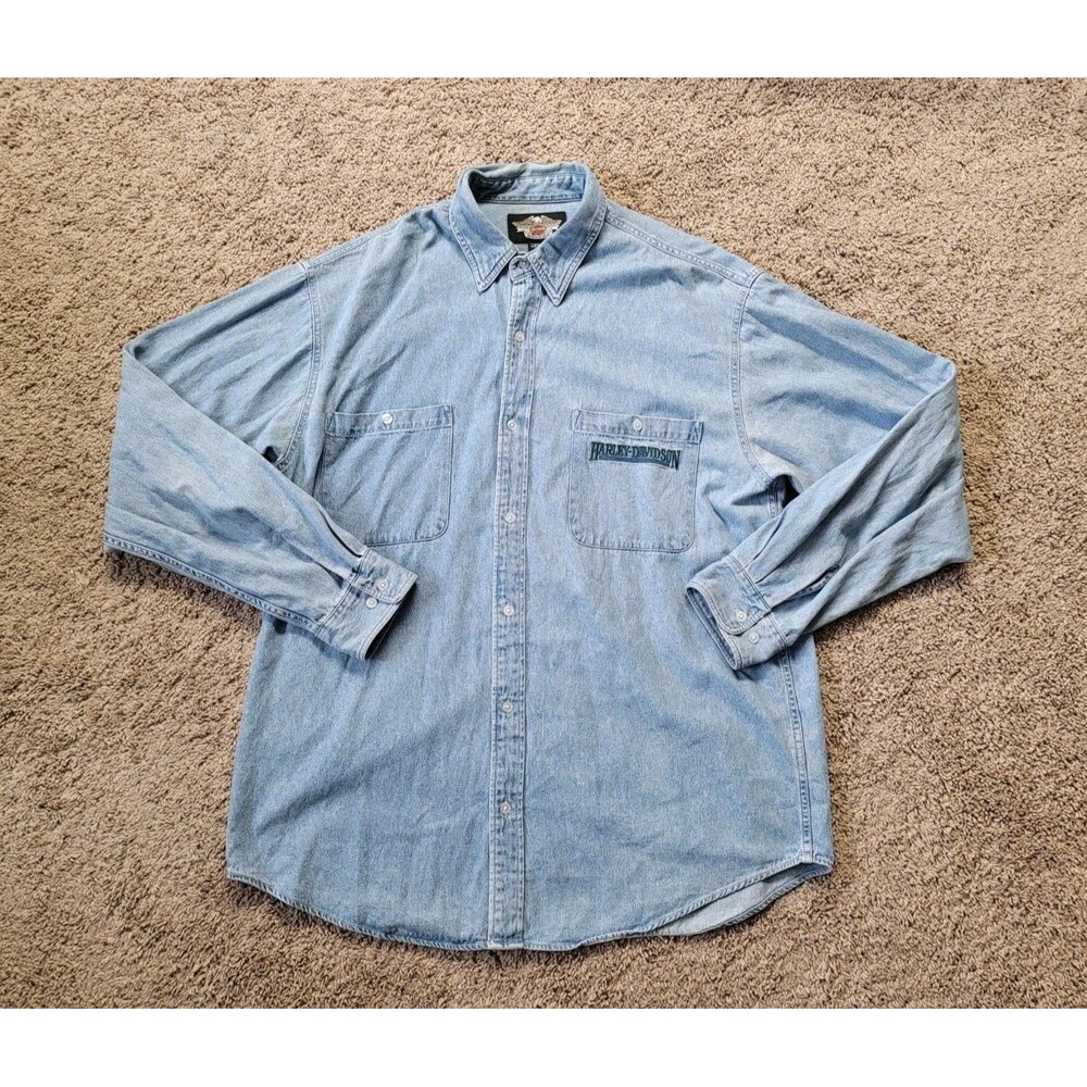 Vtg Y2K Harley Davidson Embroidered Logo Men's XL Biker Light Blue Denim Shirt